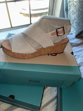 TOMS Cream Canvas Crisscross Wedge Sandal with Cork Platform